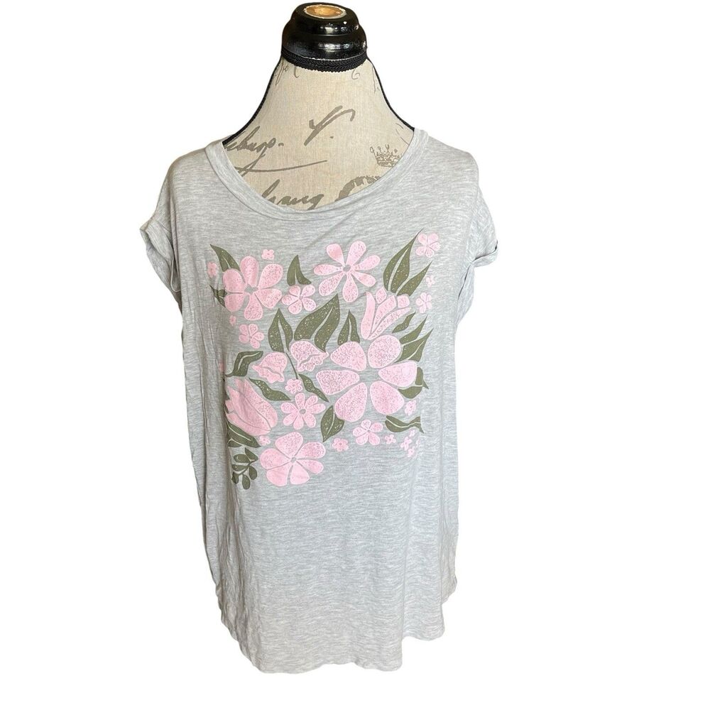 Pink Clover Top Blouse XL Short Sleeve Gray Floral Minimalist Casual Stretch